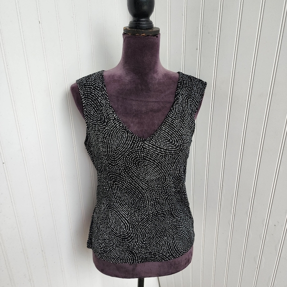 Talbots Women's Stretch Sleeveless V-Neck Black White Geo Pullover Tank Top PM - Picture 1 of 10